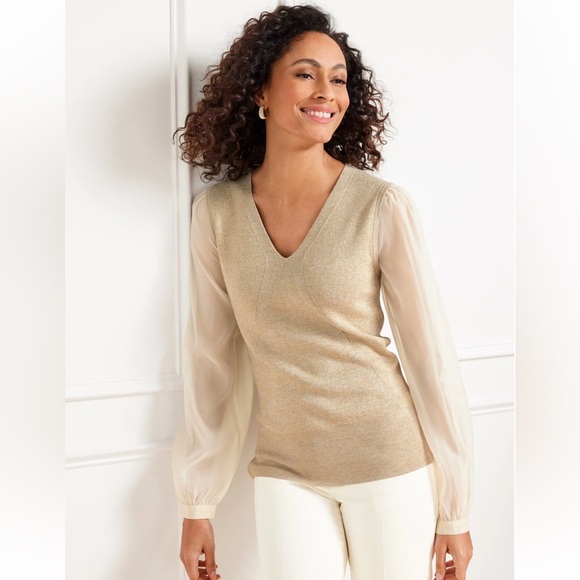 Talbots Tops - Talbots Metallic Gold Woven Sleeve V Neck Pullover Size XS
